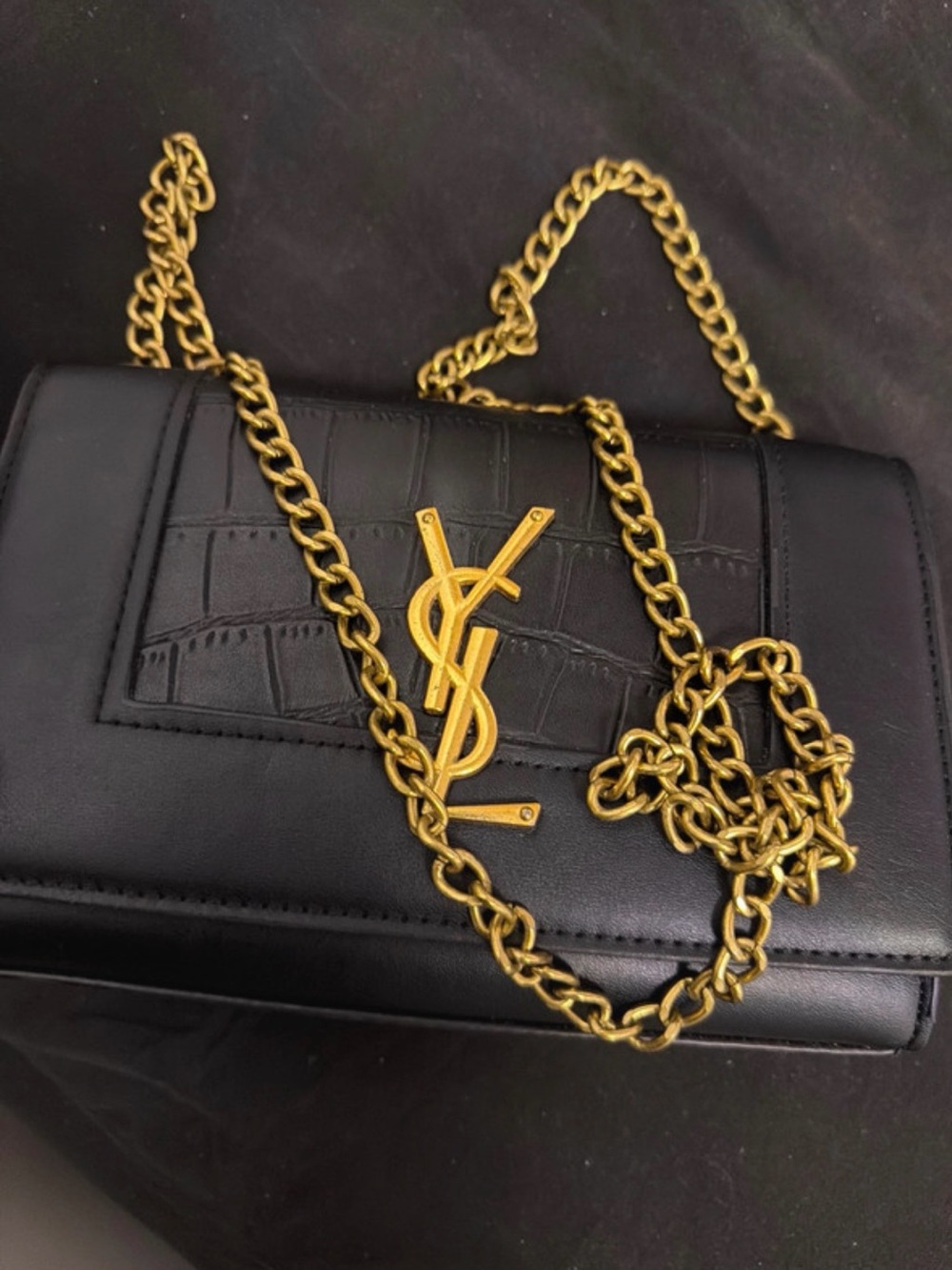 Saint Laurent Black Leather Shoulder Bag with Gold Chain and YSL Logo